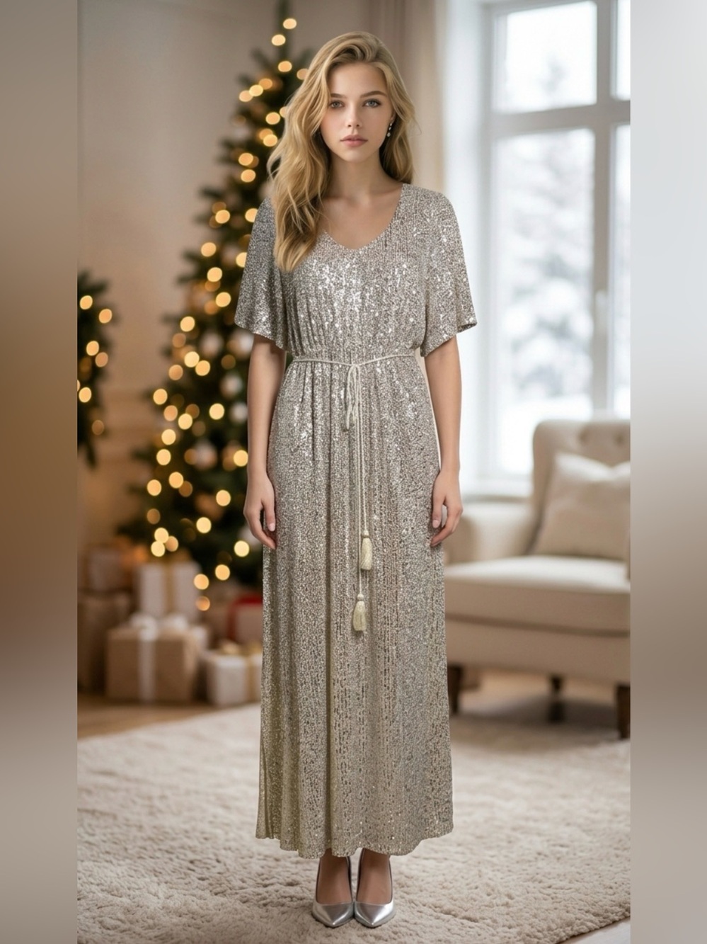 Sequin Maxi Dress with Tassel Tie
